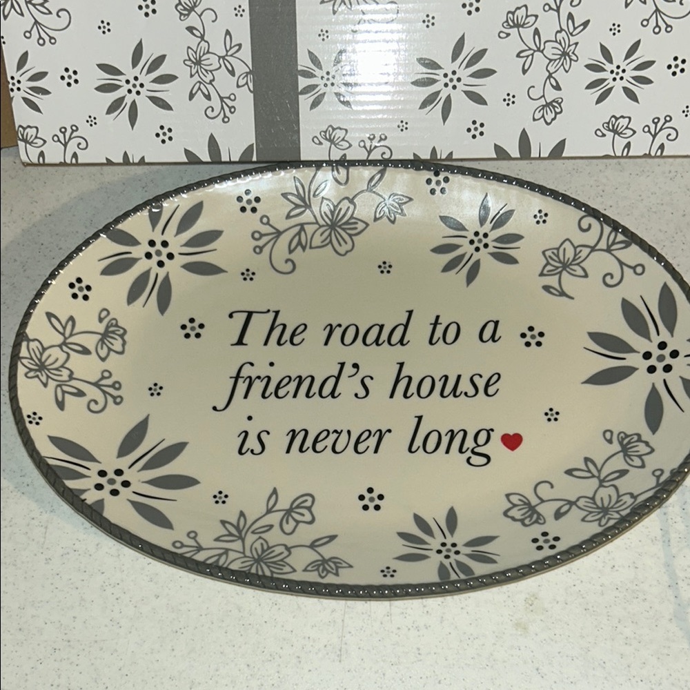 Temp-Tations Cream and gray Floral Serving Platter NIB